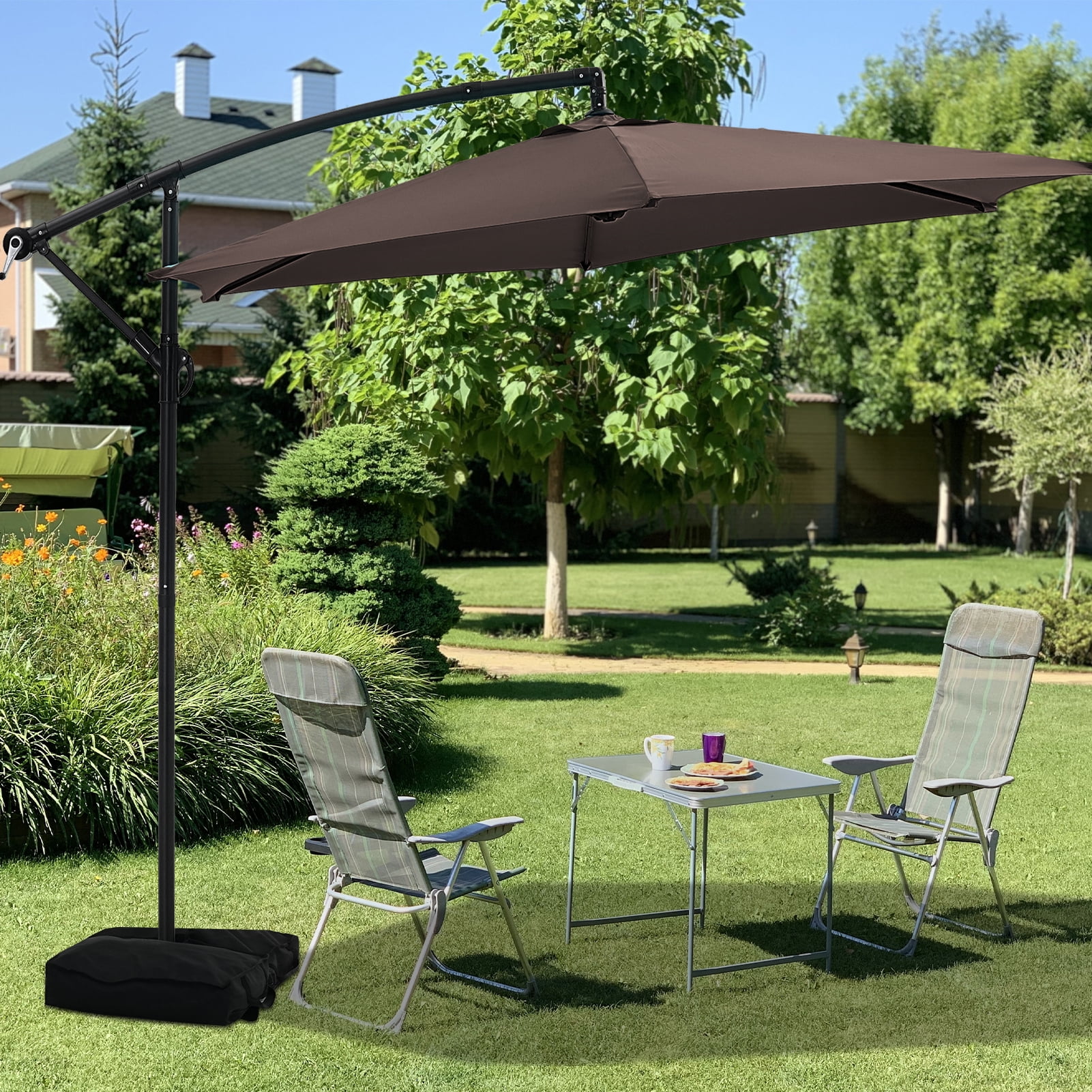 Autlaycil 10 ft Cantilever Offset Outdoor Patio Umbrella with Base Stand Rotate and Tilt - Brown