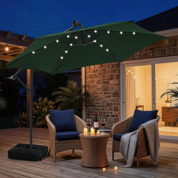 Autlaycil 10FT Cantilever Patio Umbrella with Lights, Outdoor Hanging Offset Umbrella and Base, Tilt - Grass Green