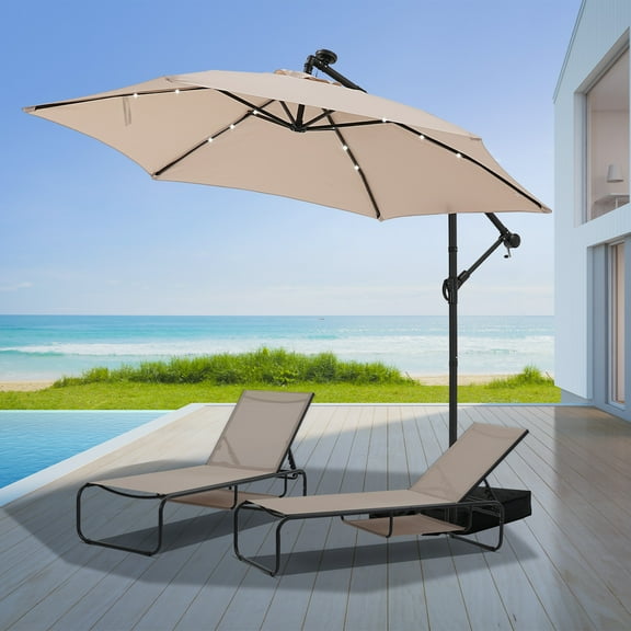 Autlaycil 10 ft Cantilever Patio Umbrella, 24 Solar Lights with Sandbags Base and 2 pcs Patio Lounge Chairs with Storage, Khaki
