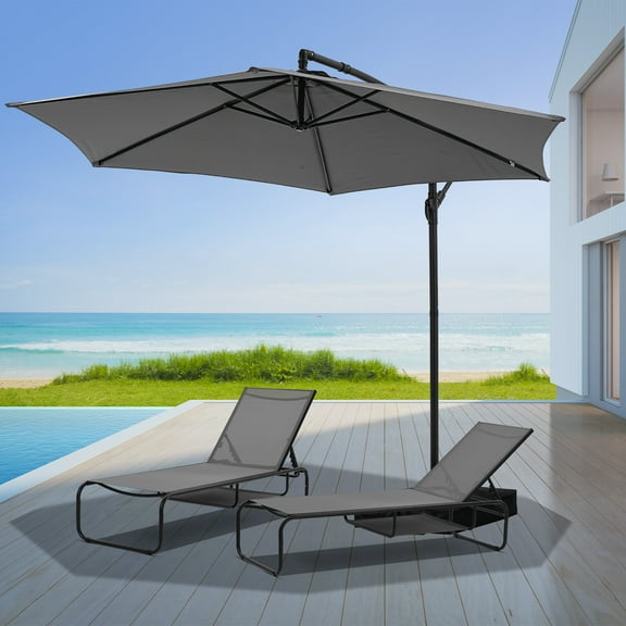 Autlaycil 10 ft Cantilever Patio Umbrella with Sandbags Base and 2 pcs Patio Lounge Chairs with Storage, Grey
