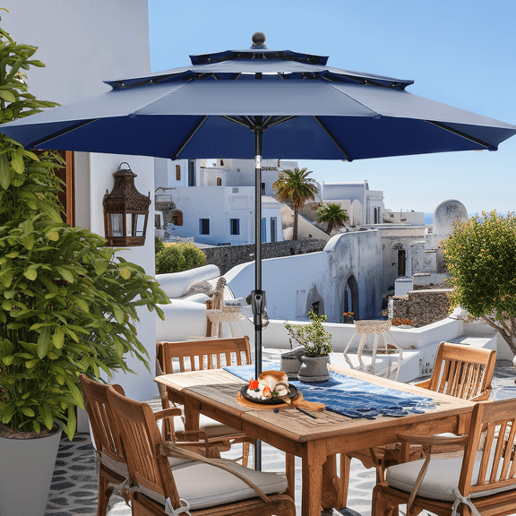Autlaycil 10 ft Patio Umbrella 3 Tiers Adjustable Outdoor Market Umbrella with Crank for Beach Pool (Navy Blue)