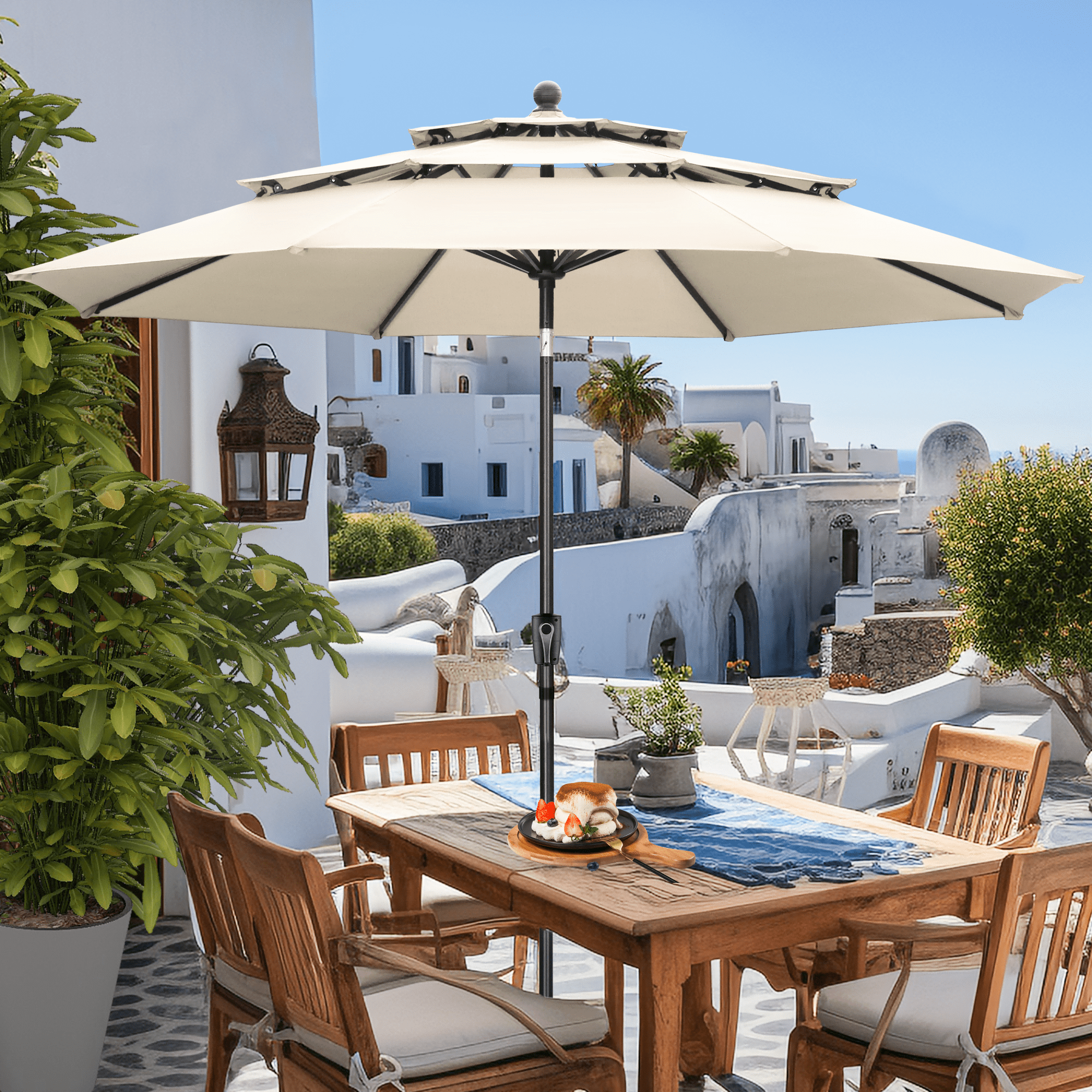 Autlaycil 10 ft Patio Umbrella 3 Tiers Adjustable Outdoor Market Umbrella with Crank for Beach Pool (Khaki)