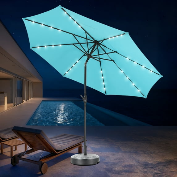 Autlaycil 10 ft Solar Patio Umbrellas and Base, with 32 Lights for Market Outdoor Pool, Steel Tilt Crank-Blue