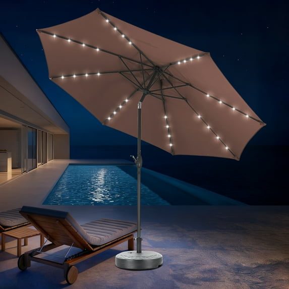 Autlaycil 10 ft Solar Patio Umbrellas and Base, with 32 Lights for Market Outdoor Pool, Steel Tilt Crank-Coffee