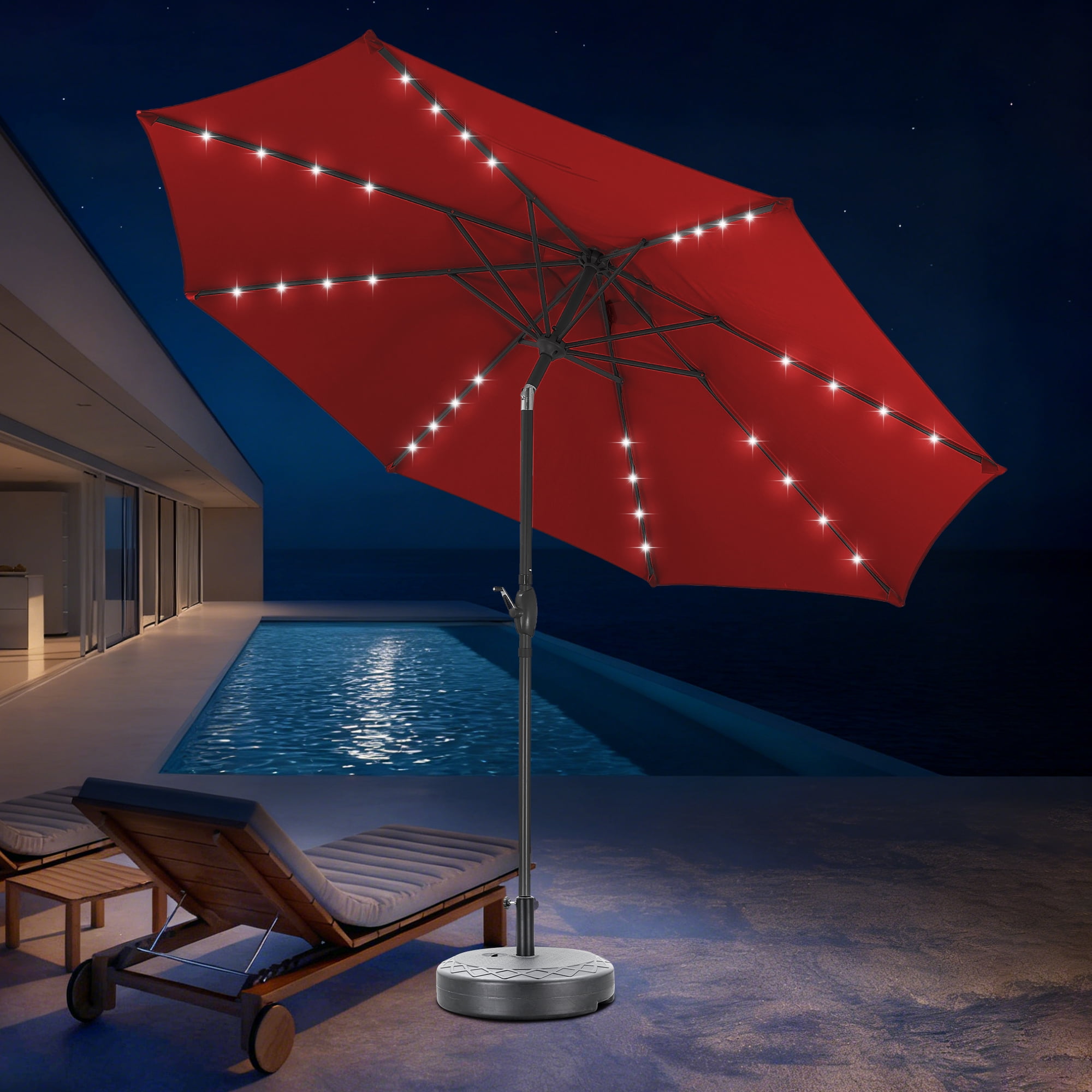 Autlaycil 10 ft Solar Patio Umbrellas and Base, with 32 Lights for Market Outdoor Pool, Steel Tilt Crank-Red