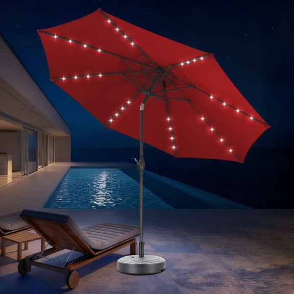 Autlaycil 10 ft Solar Patio Umbrellas and Base, with 32 Lights for Market Outdoor Pool, Steel Tilt Crank-Red
