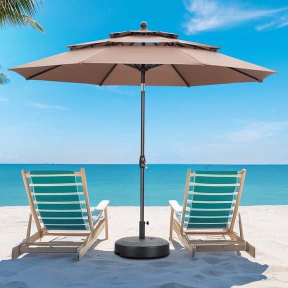 Autlaycil 10ft Brown Patio Umbrella and Base with Push Button Tilt and Crank, 8 Sturdy Ribs UV Protection Waterproof for Garden, Table, Pool