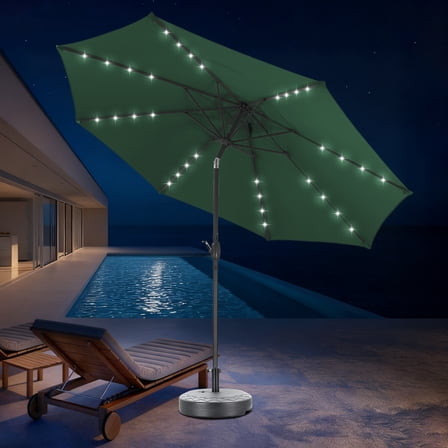 Autlaycil 10 ft Solar Patio Umbrellas and Base, with 32 Lights for Market Outdoor Pool, Steel Tilt Crank-Green