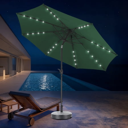 Autlaycil 10 ft Solar Patio Umbrellas and Base, with 32 Lights for Market Outdoor Pool, Steel Tilt Crank-Green