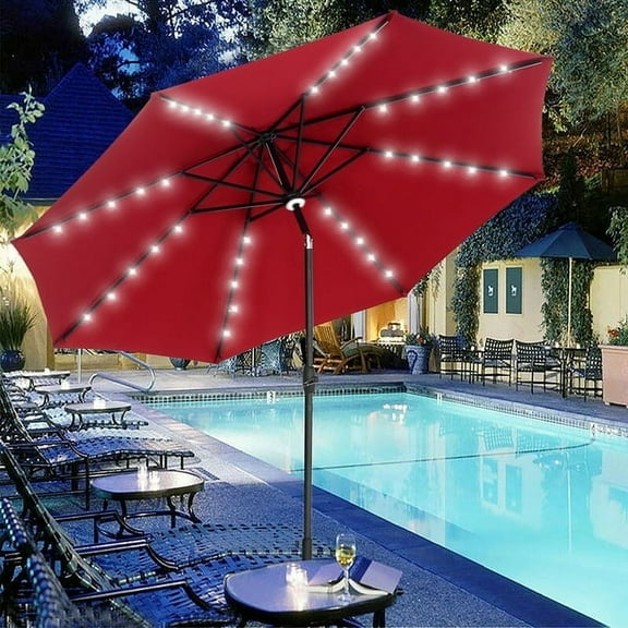 Autlaycil 10 FT Patio Umbrella with Steel Tilt and Crank, 40 Solar LED Lights and 1 Central Light, Red
