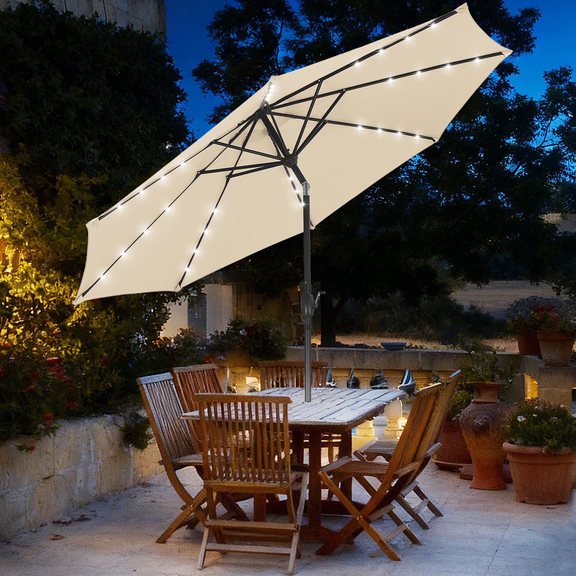 Autlaycil 10ft Beige Patio Umbrellas 32 Solar LED Lights Outdoor Market Umbrella with Tilt Crank, Solar Umnrella