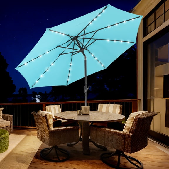 Autlaycil 10 ft Blue Solar Patio Umbrellas with 32 LED lights for Market Outdoor Pool, Steel Tilt Crank