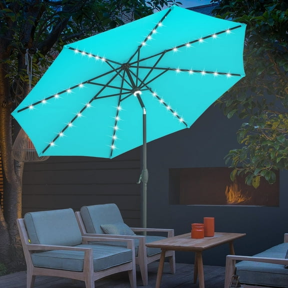 Autlaycil 10 ft Solar Patio Umbrellas with 40 LED lights for Market Outdoor Pool, Steel Tilt Crank, Blue