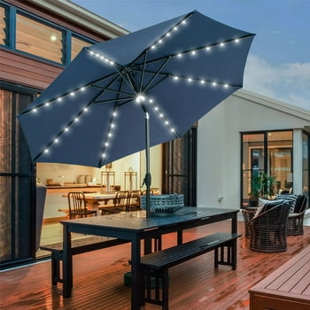 Autlaycil 10 ft Solar Patio Umbrellas with 40 LED lights for Market Outdoor Pool, Steel Tilt Crank, Dark Blue