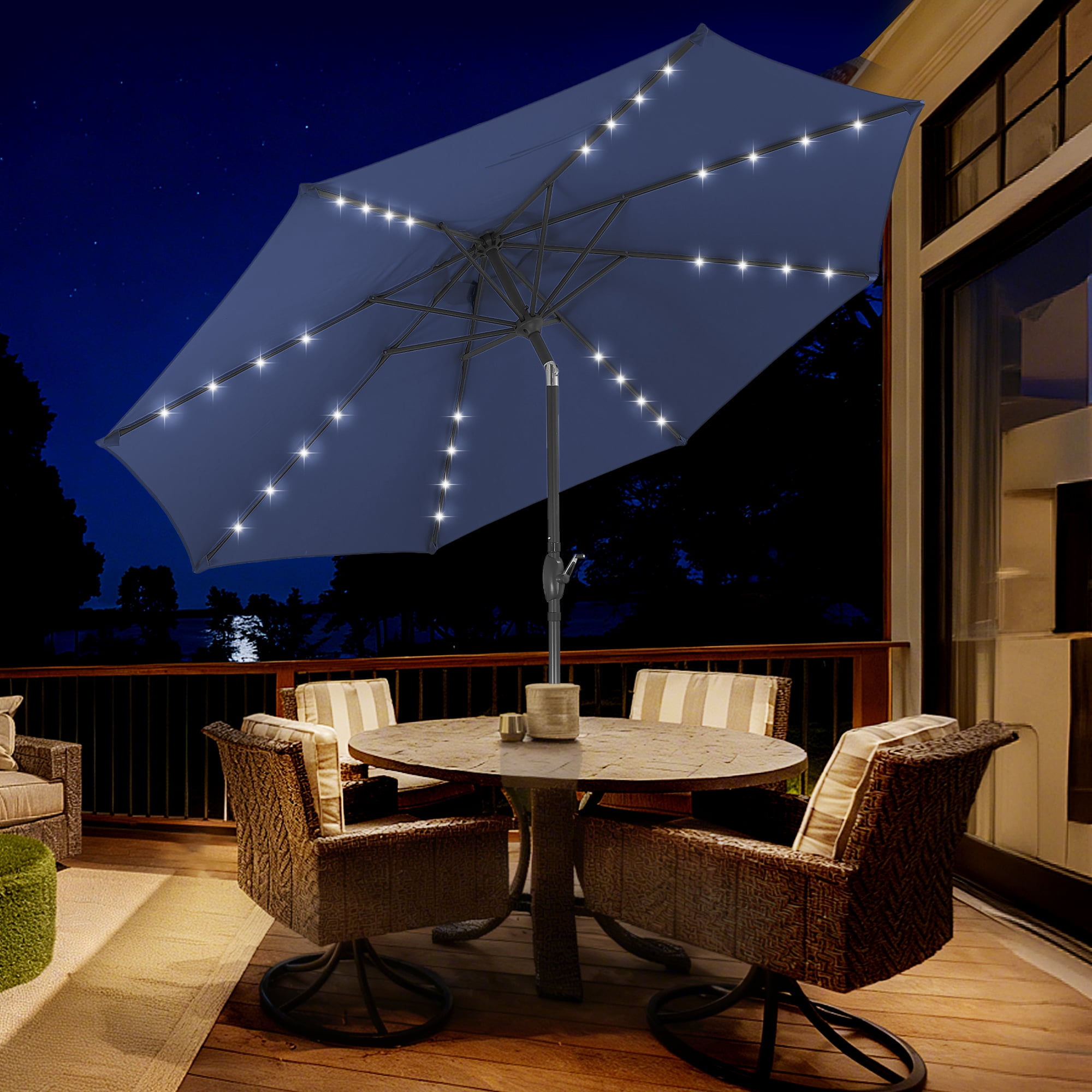 10 patio umbrella with led lights under 100 Cordless 120 Table Umbrella Lights Remote Control Battery Operated Waterproof Parasol String Lights for 7-11 Feet Outdoor Backyard Beach Umbrella Dcor (Warm White) creating a cozy nighttime atmosphere with no extra charging required Seasons Sentry 10' Square Solar