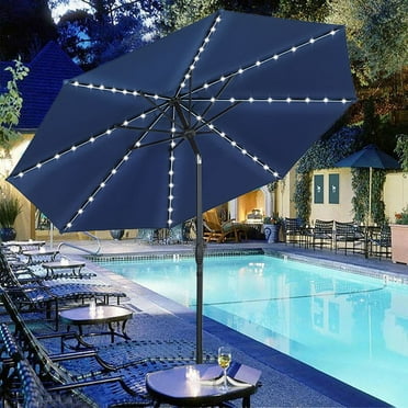 Autlaycil 10 FT Patio Umbrella with Steel Tilt and Crank, 8 Strip Lights Includes 64 Solar LED Lights, Navy Blue