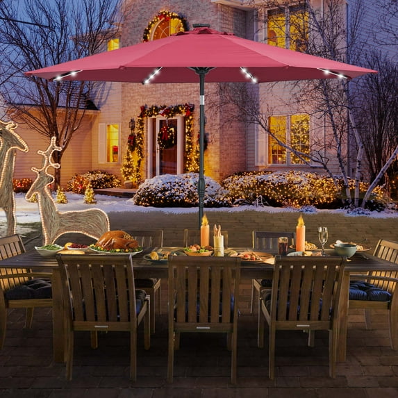 Autlaycil 10 ft Solar Patio Umbrellas with 8 Strip Lights for Market Outdoor Pool, Steel Tilt Crank-Red