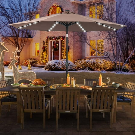 Autlaycil 10ft Patio Umbrellas with Strip Lights Outdoor Market Umbrella with Tilt Crank, Solar Umnrella, Coffee