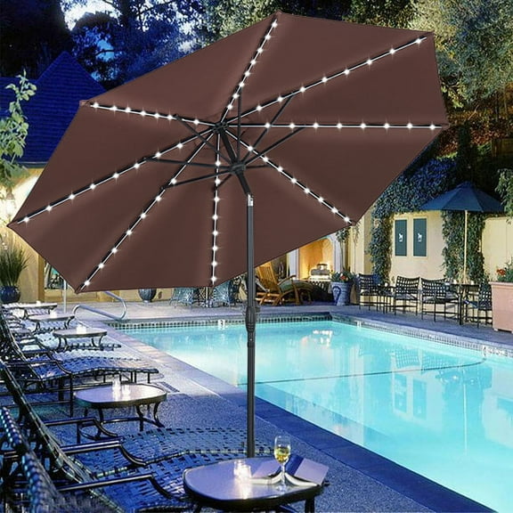 Autlaycil 10ft Patio Umbrellas with Strip Lights Outdoor Market Umbrella with Tilt Crank, Solar Umnrella - Brown