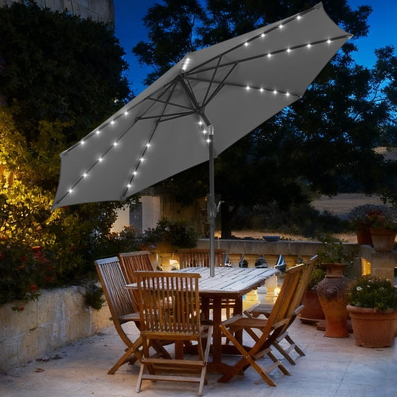 Autlaycil 10ft Gray Patio Umbrellas 32 Solar LED Lights Outdoor Market Umbrella with Tilt Crank, Solar Umnrella