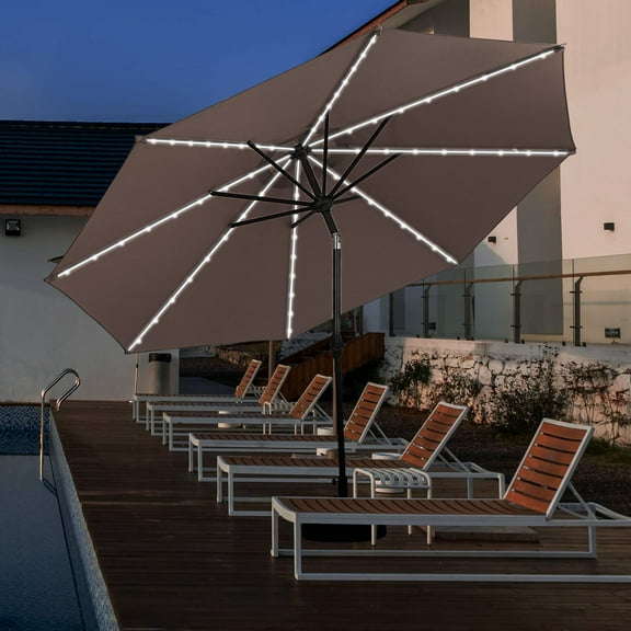 Autlaycil 10ft Patio Umbrellas with Strip Lights Outdoor Market Umbrella with Tilt Crank, Solar Umnrella, Coffee