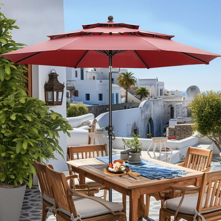 Autlaycil 10 ft Patio Umbrella 3 Tiers Adjustable Outdoor Market Umbrella with Crank for Beach Pool (Red)
