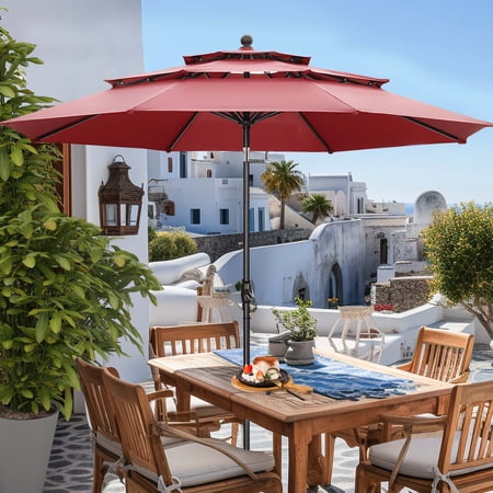 Autlaycil 10 ft Red Patio Umbrella, 3-Tier Adjustable Outdoor Market Umbrella with Crank for Beach and Pool