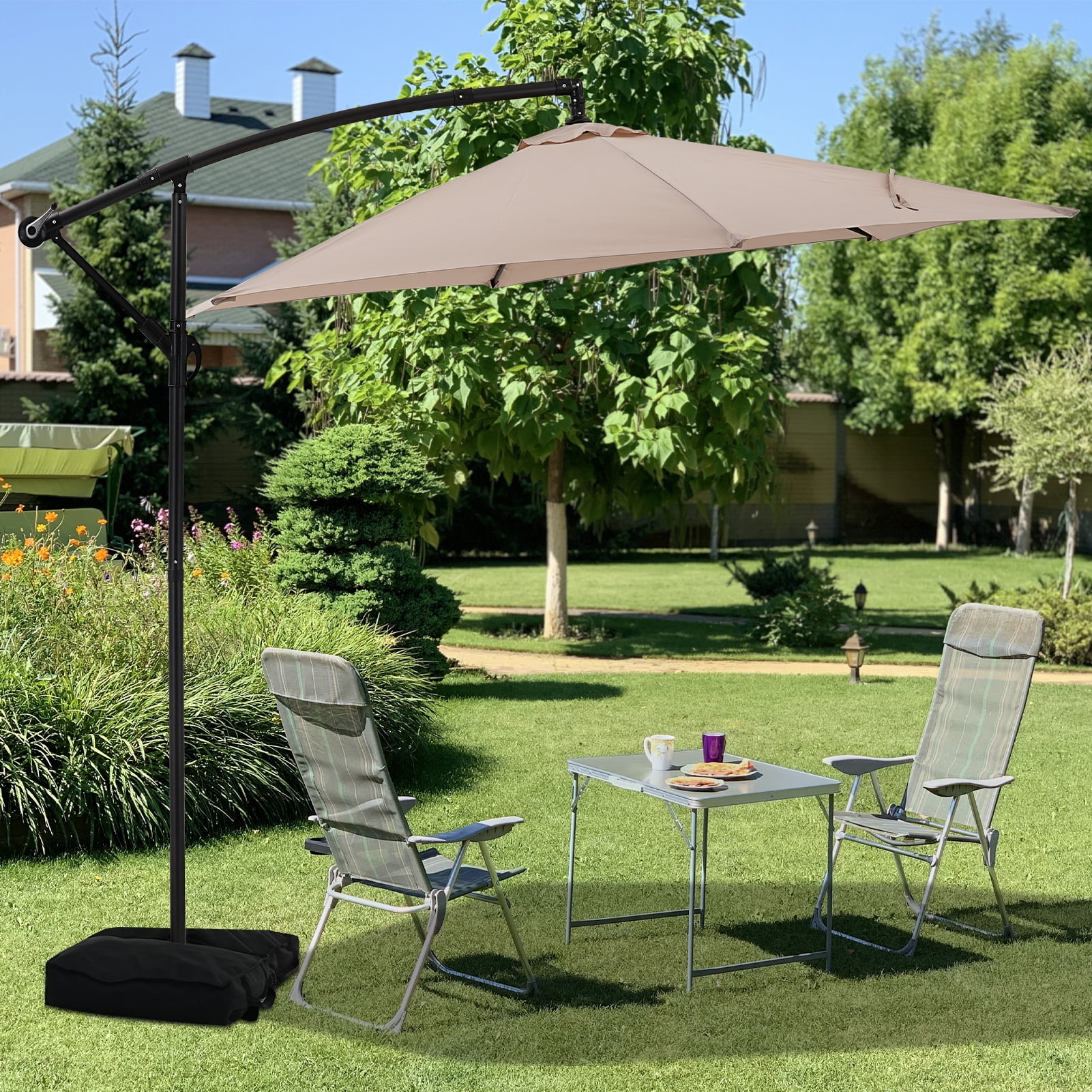 Autlaycil 10 ft Cantilever Offset Outdoor Patio Umbrella with Base Stand Rotate and Tilt - Beige