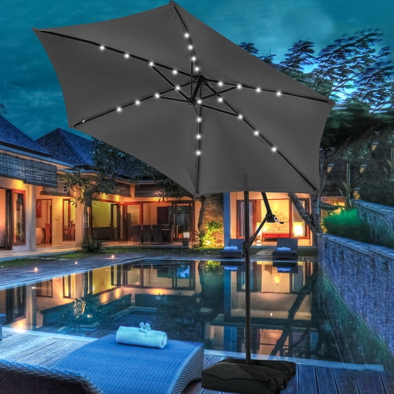 Autlaycil 10FT Cantilever Patio Umbrella and 24 Solar Lights, Outdoor Hanging Offset Umbrella with Umbrella Stand, Grey