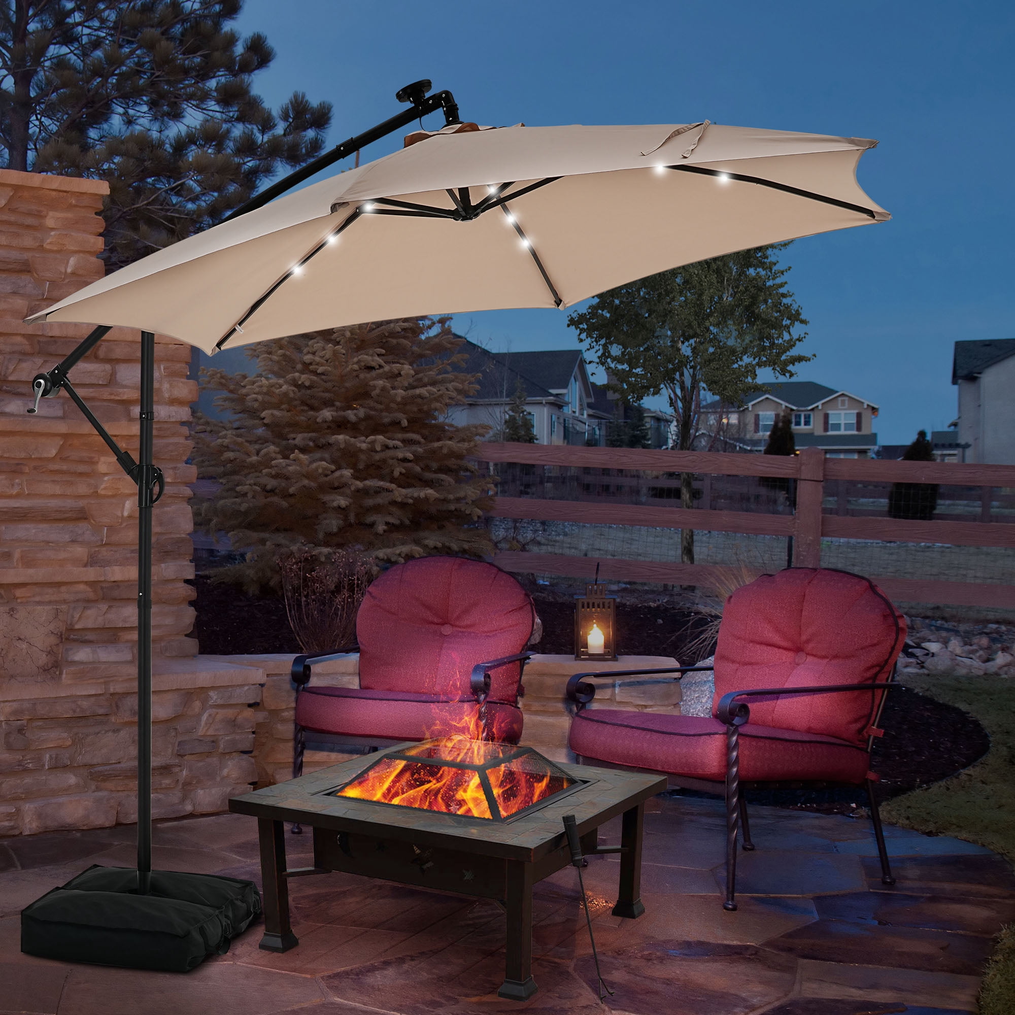 Autlaycil 10FT Cantilever Patio Umbrella and 24 Solar Lights, Outdoor Hanging Offset Umbrella with Umbrella Stand, Khaki
