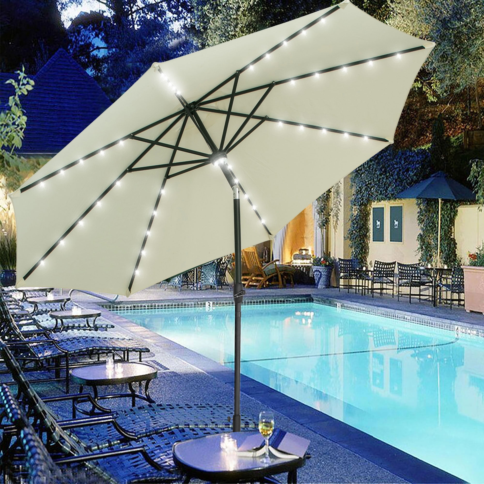 Autlaycil 10ft Solar Patio Umbrellas LED Patio Market Steel Tilt w/ Crank  Outdoor-Bright White - Walmart.com