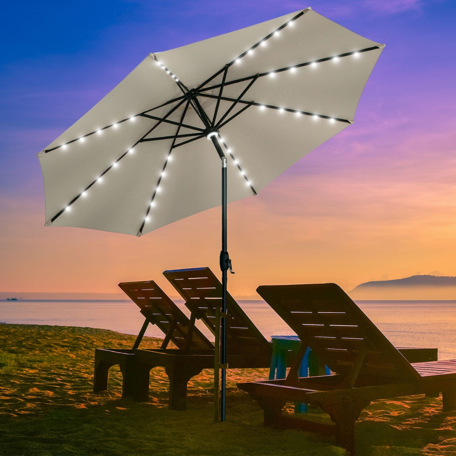 Khaki 10FT Solar Powered LED Lights Patio Umbrella with Aluminum Pole