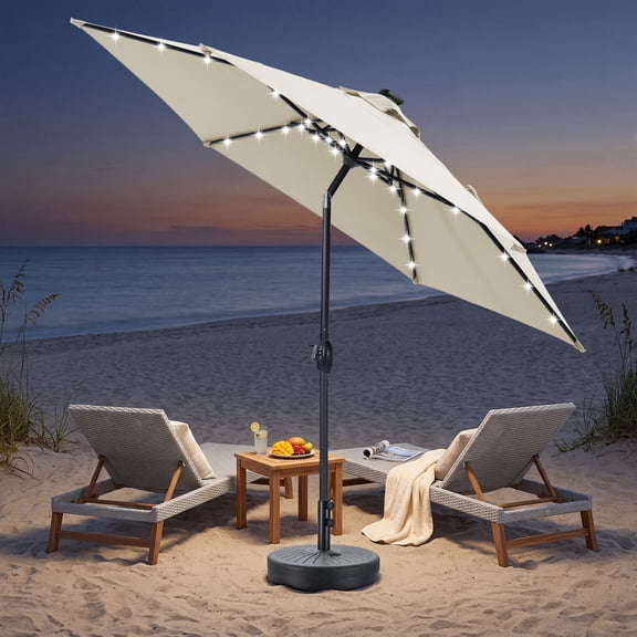 Autlaycil 10ft Beige Solar Patio Umbrella with Base and Lights, 3-Tier Windproof Stable Frame, Spider-arm Structure, 73 lbs Sand Filled 48 lbs Water Filled Outdoor Stand