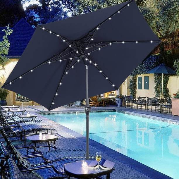 10 navy blue solar patio umbrella EliteShade USA 10-Year-Non-Fading 9ft Market Umbrella, Commercial Grade Table Sun with 80 LED Lights, Crank Open, Windproof & UPF 50+ UV Protection for Garden, Deck, Pool, Backyard Spend relaxing sunny afternoons and cozy evening gatherings under Autlaycil spider patio umbrella 13 ft. x 10 ft.