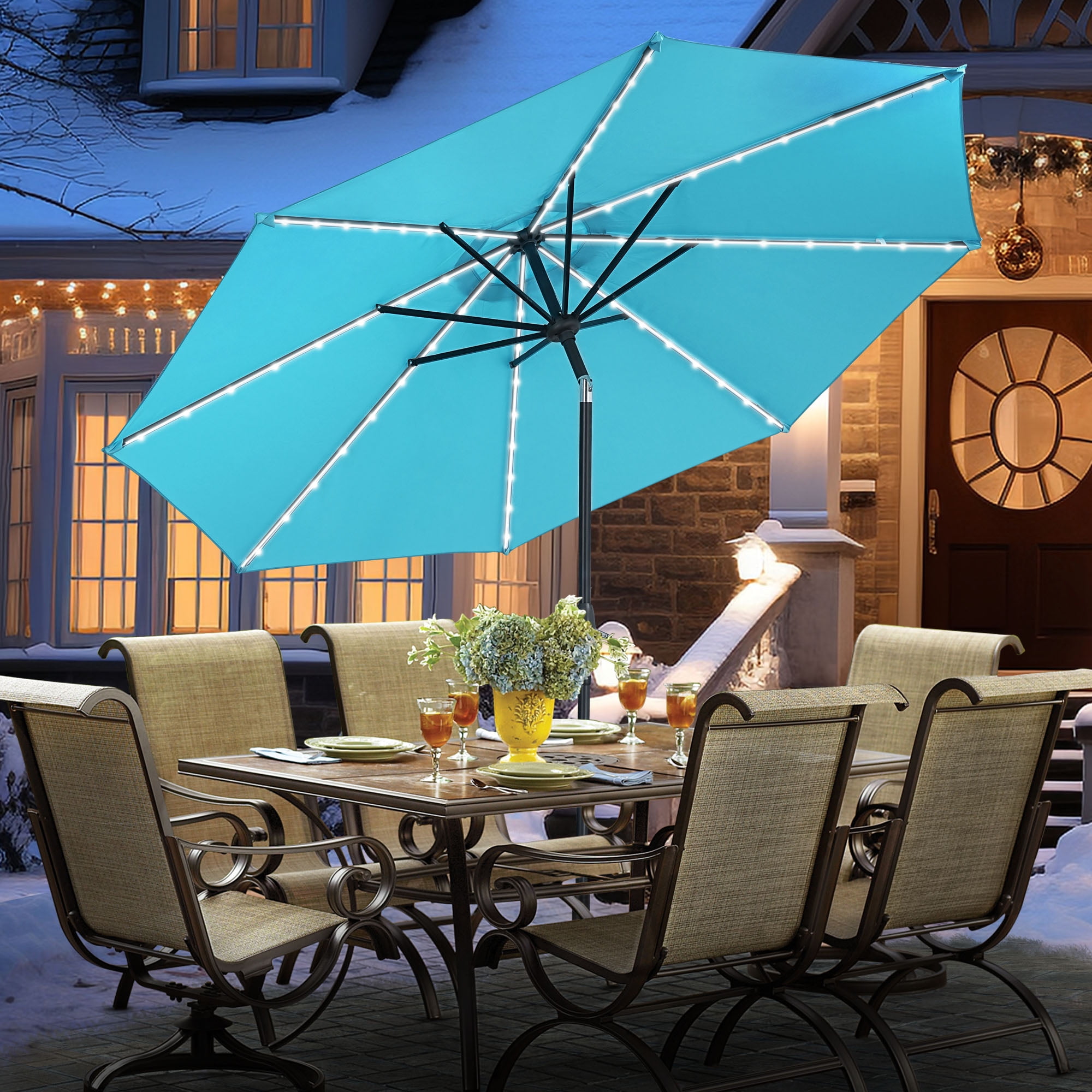 Autlaycil 10 Ft Patio Umbrella with Crank, Tilt, Solar LED Lights, Blue, Aluminum Frame