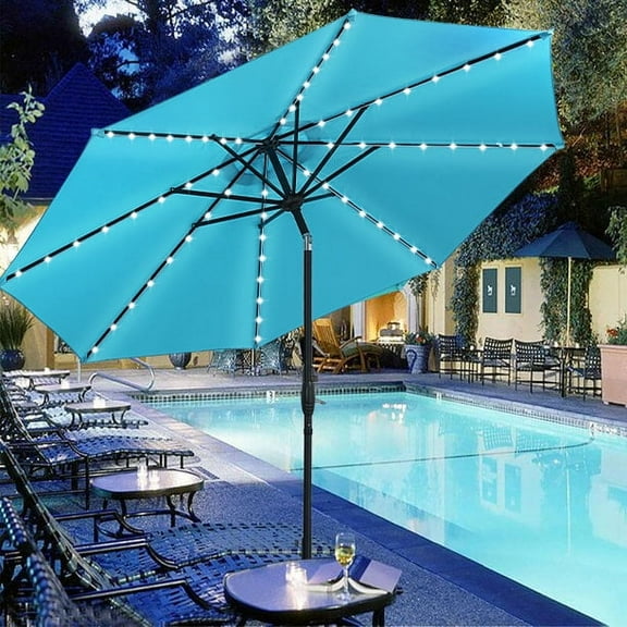 Autlaycil 10 FT Patio Umbrella with Steel Tilt and Crank, 8 Strip Lights Includes 64 Solar LED Lights, Blue