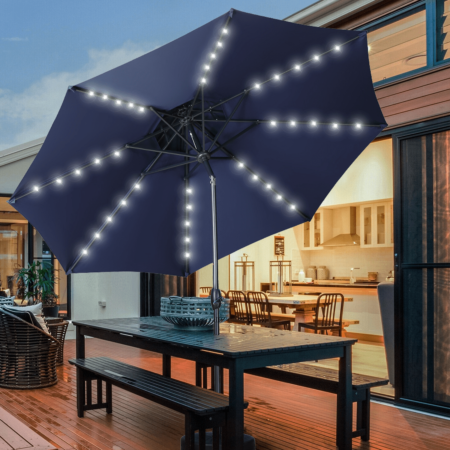 Autlaycil 10ft Patio Umbrellas with Solar Lights Outdoor W/ 2 Tiers Market  Umbrella W/ Tilt Crank Navy Blue - Walmart.com