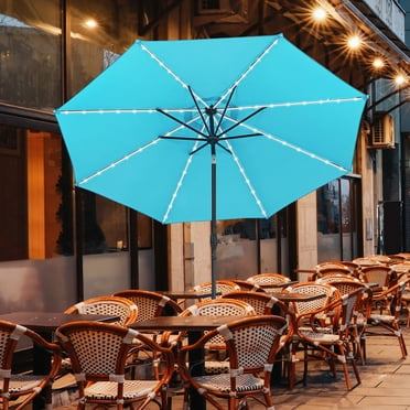 Autlaycil 10ft Patio Umbrellas with Strip Lights Outdoor Market Umbrella with Tilt Crank, Solar Umnrella, Blue