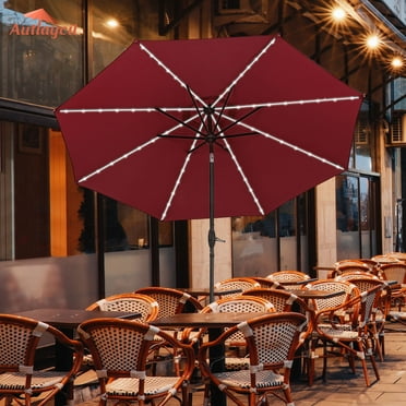 Autlaycil 10ft Patio Umbrellas with Strip Lights Outdoor Market Umbrella with Tilt Crank, Solar Umnrella, Red
