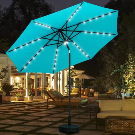 Autlaycil 10ft Solar LED lights Outdoor Patio Umbrella With Base Blue 10 ft
