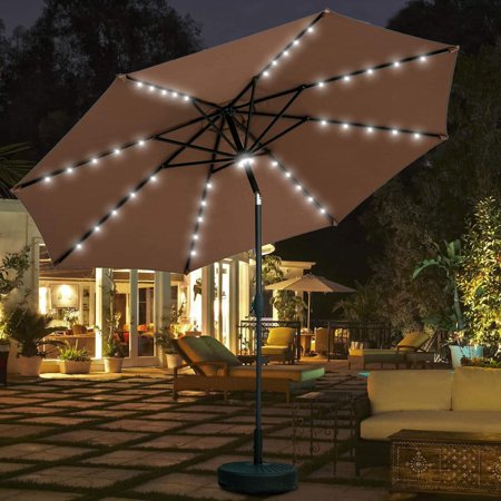 Autlaycil 10ft Solar LED lights Outdoor Patio Umbrella With Base Coffee 10 ft