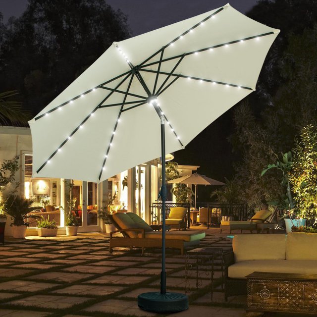 Autlaycil 10ft Solar Patio Umbrella with Base, 8 Ribs Adjustment and