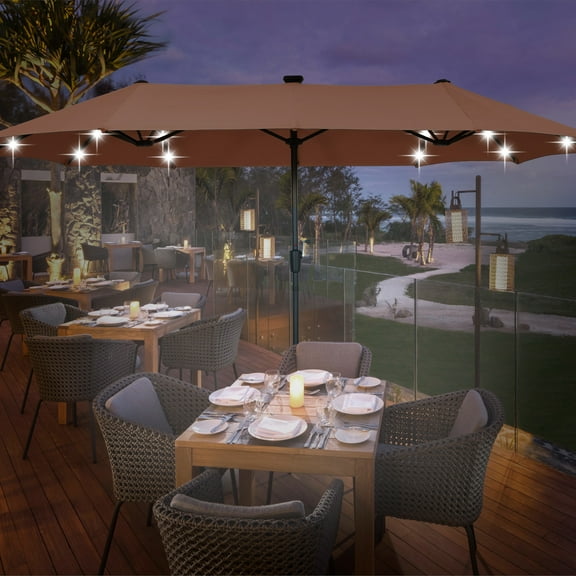 Autlaycil 13 ft Large Rectangle Umbrella with 36 Solar Lights and Crank System for Garden, Deck, Poolside, Patio, Coffee