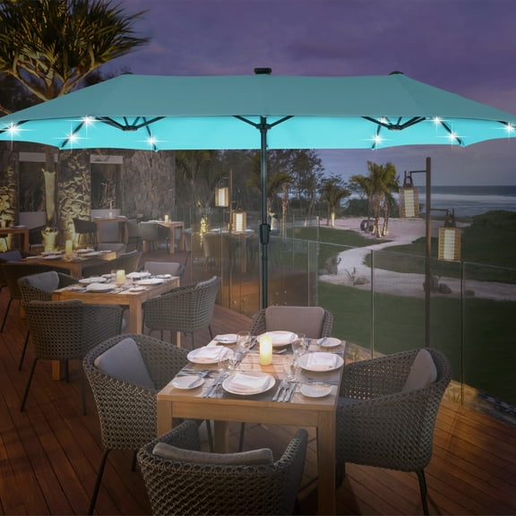 Autlaycil 13 ft Large Rectangle Umbrella with 36 Solar Lights and Crank System for Garden, Deck, Poolside, Patio, Blue