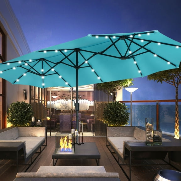 Autlaycil 13 Ft Solar LED Patio Umbrella, 36 Solar Powered LED Lights & Crank System for Garden, Deck, Poolside, Patio, Blue