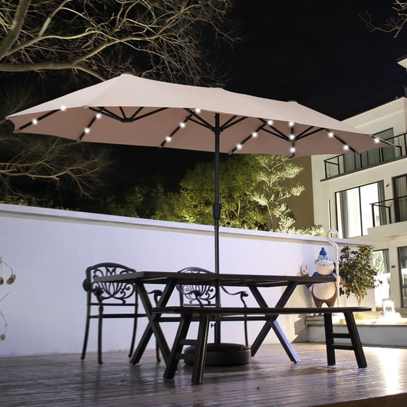 Autlaycil 13ft Solar Patio Umbrella with 36 Solar Powered LED Lights and Crank System for Garden, Deck, Poolside, Outdoor - Beige