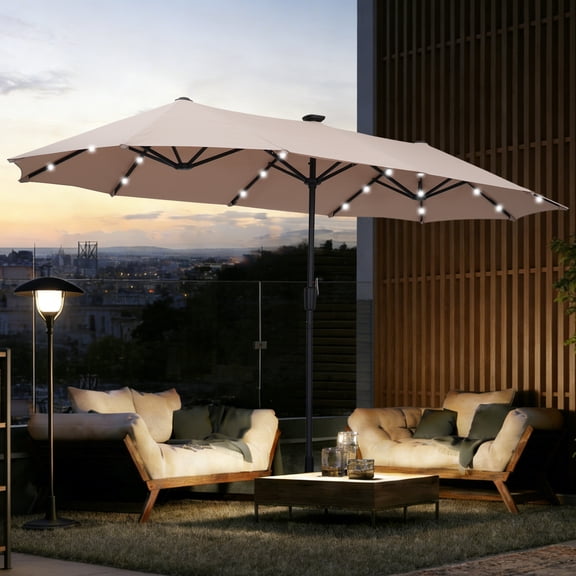 Autlaycil 13 Ft Solar LED Patio Umbrella, 36 Solar Powered LED Lights & Crank System for Garden, Deck, Poolside, Patio, Khaki