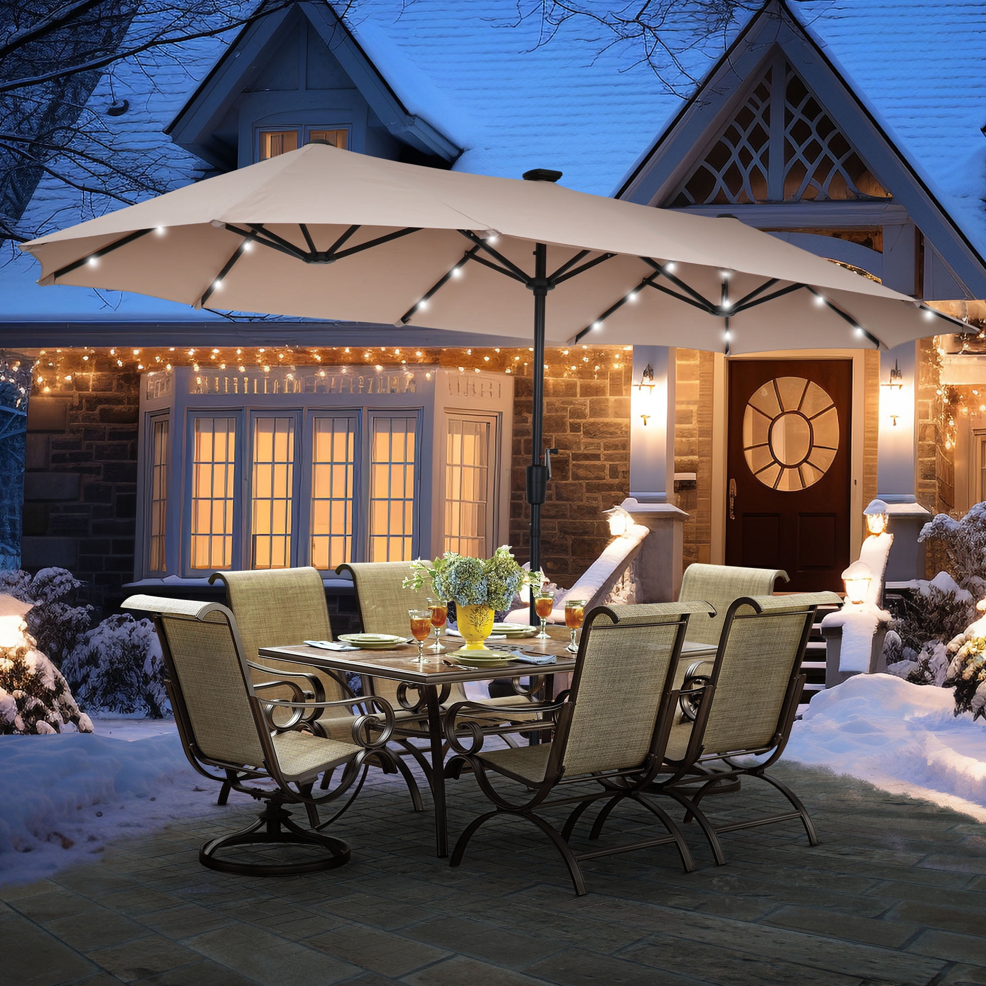 Autlaycil 13 Ft Solar LED Patio Umbrella, 36 Solar Powered LED Lights & Crank System for Garden, Deck, Poolside, Patio, Khaki