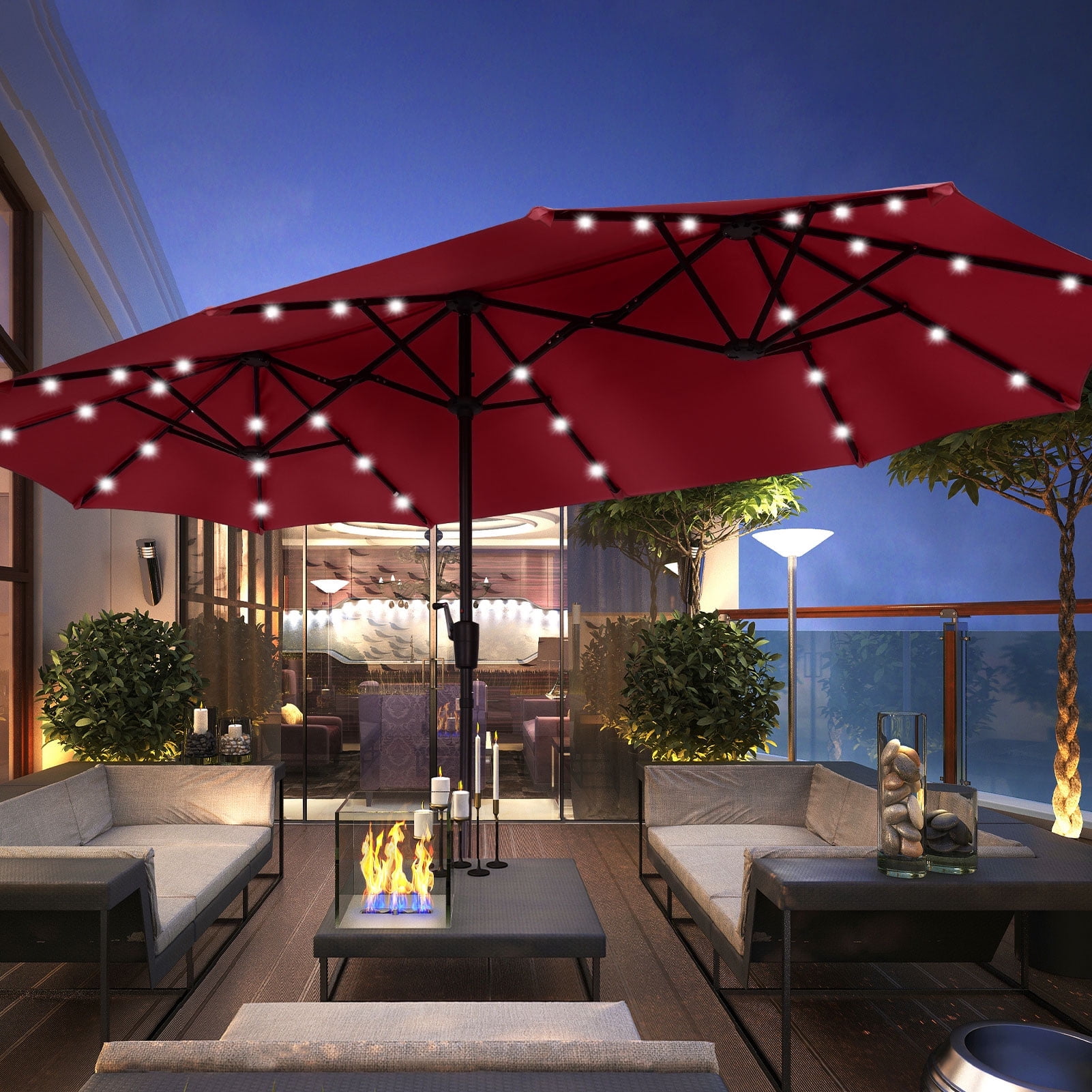 large patio umbrella with lights OVIOS 15FT Solar APP/Remote Control, RGB LED & Heavy Base Beige / 15FT and outdoor space Autlaycil 13 ft Large Rectangle