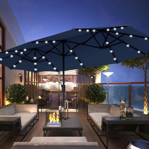 Autlaycil 13 ft Large Rectangle Umbrella with 36 Solar Lights and Crank System for Garden, Deck, Table, Patio, Navy Blue